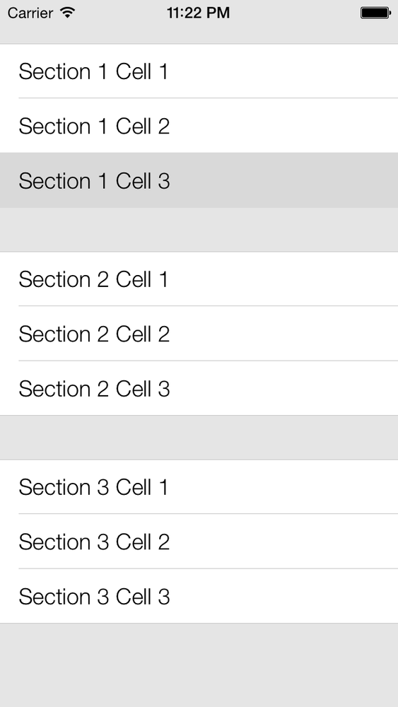 A table view with three sections, each containing three cells