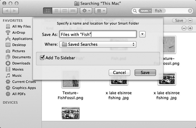 OS X can preserve your search as a smart folder listed in the Sidebar (lower left)—at least, it does as long as Add to Sidebar is turned on. You can stash a smart folder in your Dock, too, although it doesn’t display a stack of its contents, as normal folders do.