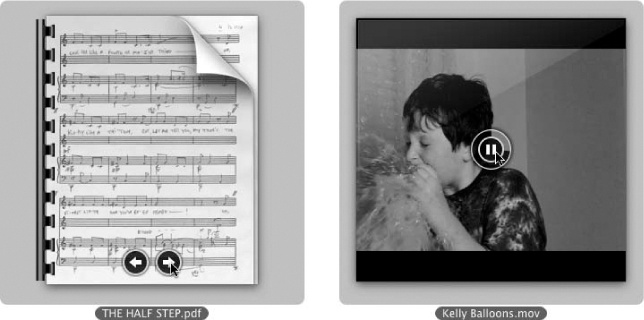 You can actually page through PDF and presentation icons, or play movies and sounds, right on their icons. During movie playback, you even get a circular progress bar around the play/stop button to let you know where you are in the movie.