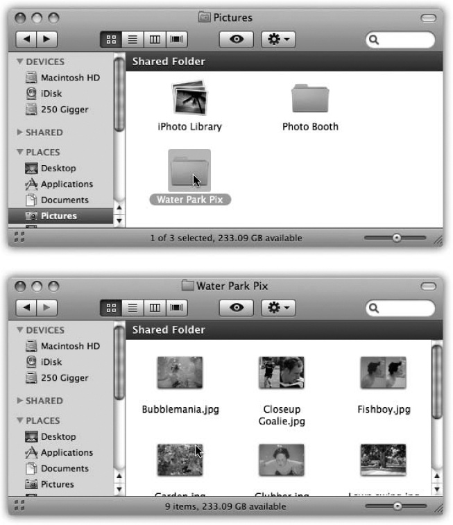 To help you avoid window clutter, Apple has designed Mac OS X windows so that double-clicking a folder in a window (top) doesn’t actually open another window (bottom). Every time you double-click a folder in an open window (except in column view), its contents replace whatever was previously in the window. If you double-click three folders in succession, you still wind up with just one open window.