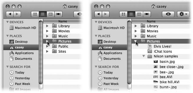 Click a “flippy triangle” (left) to see the list of the folders and files inside that folder (right). Or press the equivalent keystrokes: → (to open) and ← (to close).