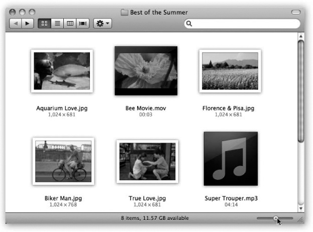 The new slider (bottom right) lets you choose an icon size to suit your personality. For picture folders, it can often be very handy to pick a jumbo size, in effect creating a slide-sorter “light table” effect. In Snow Leopard, icons can be four times as large as before—an almost ridiculously large 512 pixels square.