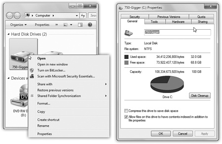 One quick way to find out how much space is left on your hard drive is to right-click the corresponding icon, and then choose the Properties command (left). The Properties dialog box appears (right), featuring a handy disk-space graph..