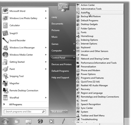 In this book, arrow notations help to simplify folder and menu instructions. For example, “Choose Start→Control Panel→AutoPlay” is a more compact way of saying, “Click the Start button. When the Start menu opens, point to Control Panel; without clicking, now slide to the right onto AutoPlay,” as shown here.