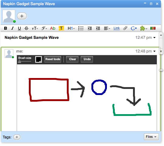 My doodle on the Napkin gadget shows a basic flowchart, complete with multicolored elements.