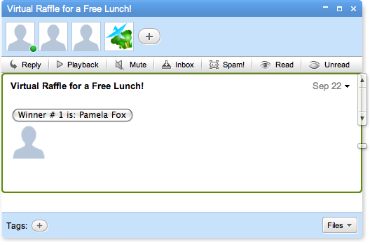 Pamela won a free lunch after Raffly selected her at random (though we all know there is no such thing as a free lunch).