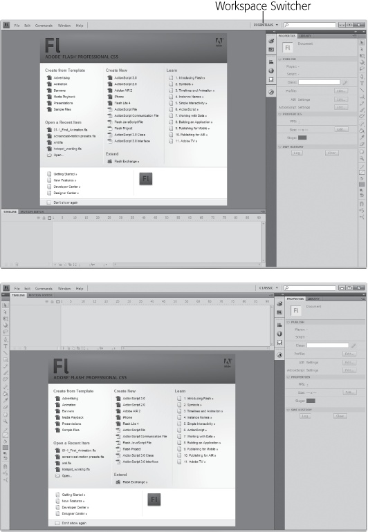 Top: The Essentials workspace is the one used throughout this book.Bottom: The Classic workspace shows the timeline above the stage, a look familiar to Flash Pro veterans.