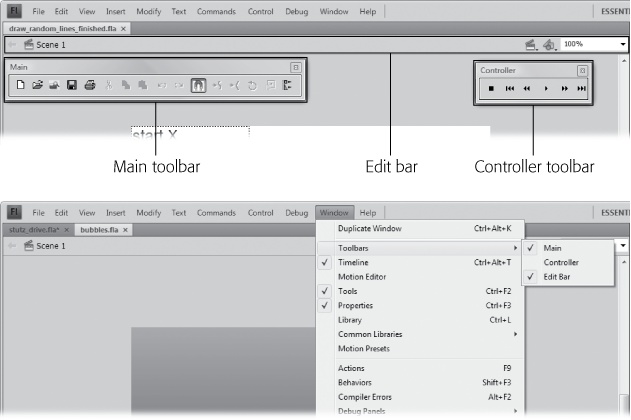 Top: To conserve space on Flash's jam-packed desktop, only one toolbar—the Edit bar—appears automatically. It's positioned directly above the stage. To display the other two, select Window→Toolbars→Main (to display the Main toolbar, Windows only) and Window→Toolbars→Controller (to display the Controller window).Bottom: The checkmarks on the menu show when a toolbar is turned on. Choose the toolbar's name again to remove the checkmark and hide the toolbar.