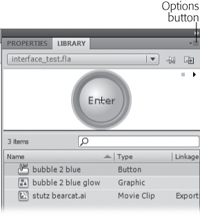 Storing simple images as reusable symbols in the Library panel does more than just save you time: It saves you file size, too. (You'll learn a lot more about symbols and file size in Chapter 7.) Using the Library panel you see here, you can preview symbols, add them to the stage, and easily add symbols you created in one Flash document to another.