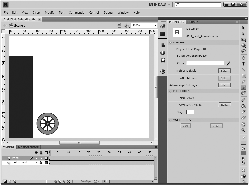 After you open the exercise in Flash, your screen should look like this. At the bottom, the timeline shows two layers—one named background and the other wheel. The stage shows (surprise, surprise) a background and a wheel. To the right, the Properties panel displays the properties for the document.