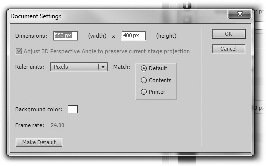 The Document Settings dialog box puts several related settings in one place. At the top are the document's dimensions. In the lower-left corner are settings for the stage's background color and the frame rate. Click "Ruler units" to choose among Inches, Points, Centimeters, Millimeters, and Pixels.