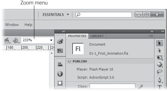 The Magnification menu in the Edit bar gives you a quick readout on the Zoom factor. Click the menu to choose from several presets, including Fit in Window, which shows the entire stage, or Show All, which zooms in or out to show all the objects drawn on the stage.