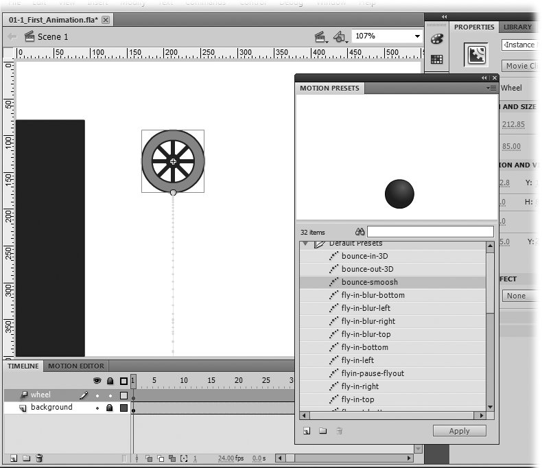 The Motion Presets window has two folders. The one called Default Presets (shown open here) holds presets designed by Adobe. The other folder holds presets that you design and save. The "tail" hanging down from the wheel is the motion path.