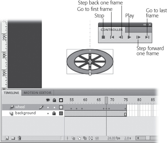 If you've ever used a DVD player or an iPod, the icons on the Controller toolbar (Window→Toolbars→Controller) look comfortingly familiar. You can move one frame at a time or jump to the beginning or end of an animation.