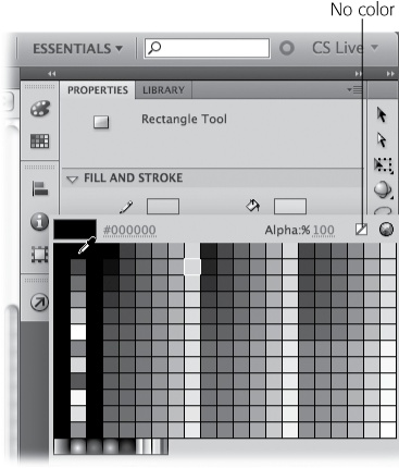 When you choose the Rectangle tool (R), the label at the top of the Properties panel says "Rectangle Tool," and the panel displays properties related to a rectangle, such as the color of the stroke and fill. Here, the color for the rectangle's stroke is being changed.