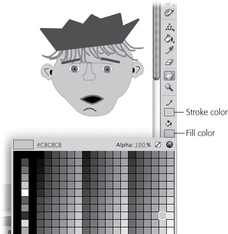 Before you begin drawing with the Pen or Pencil tools (both of which let you create strokes), you can choose the color of the Pen or Pencil by clicking the Stroke Color icon and then selecting a color from the palette that appears. If you want to change that color when you use the Brush tool (which creates fills), then you need to click the Fill Color icon (and select a color) before you click the Brush tool and begin to draw.