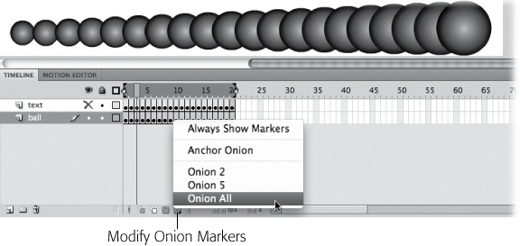 Here you see the result of selecting Onion All. The onion markers surround the entire frame span (Frame 1 through Frame 20), and all 20 images appear on the same stage, ready for you to edit en masse.