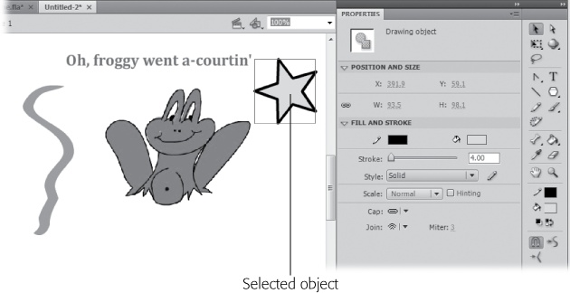 Selecting an object tells Flash to display that object's properties right there in the Properties panel. Here, the star shape is selected, so the properties all relate to the star. As long as the property isn't grayed out, you can change it in the Properties panel.
