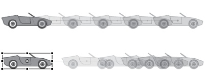 These two tweens are onion-skinned to show the car in several different frames. The tween on the top has no ease. The Fast ease was applied to the tween on the bottom.