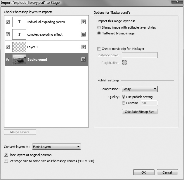 When you import Photoshop graphics, Flash gives you a boatload of control over the process. Using the "Import to Stage" dialog box, you can tweak the settings on individual layers of the Photoshop file so you get exactly the tools you need for your animation.