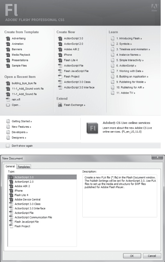 When you create a Flash file, you need to decide between ActionScript 3.0 and ActionScript 2.0. You can't use code from both in a single Flash document (.fla). Use the Intro splash screen (top) or the File→New command to create a new document (bottom). If you're using a separate ActionScript document for your code, then choose ActionScript File to create an .as document.