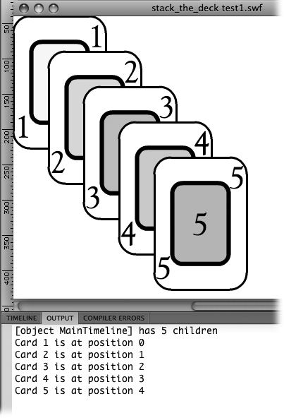 The code in the box on page 486 places cards on the main timeline display object container. Card 1 was placed first, then Card 2, and so forth. Trace statements show that Card 1 is at position 0, Card 2 is at position 1, and so forth.