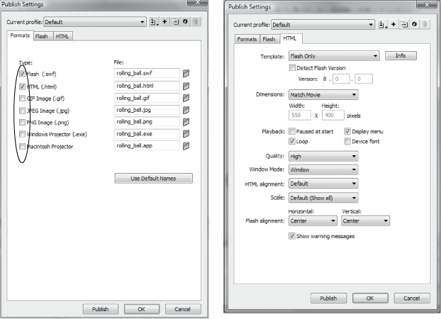 Left: Flash gives you several publishing options, one of which is embedding your animation into an HTML file.Right: Flash constructs an animation-containing HTML file based on the options you choose in this tab. The name Flash uses for your HTML file is the name of your Flash document, but with an .html extension.