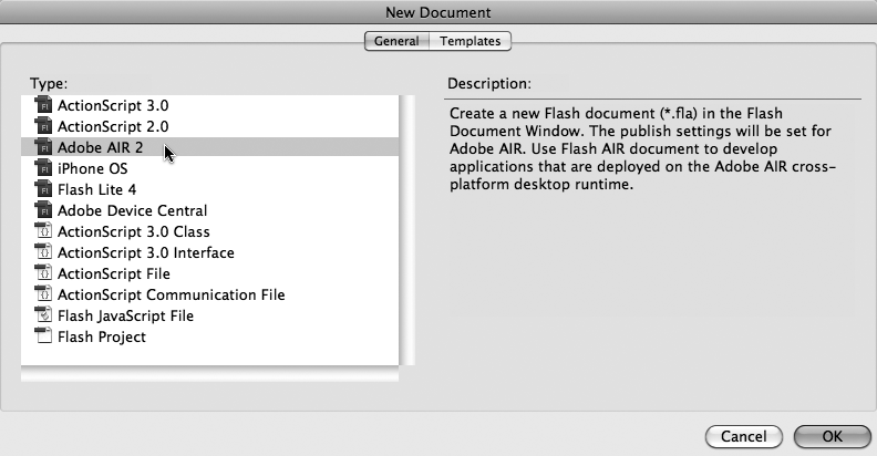 Starting an AIR project in Flash Professional is similar to starting any project, but instead of choosing ActionScript 3.0, choose Adobe AIR 2. This way Flash knows your project will use the AIR runtime instead of the Flash Player.