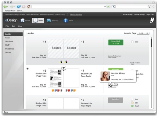 EfficiencyPresenting the yearbook in a way that closely resembles a physical yearbook has clear intuitive appeal. Users apply their knowledge of how to use physical books to how to use this screen. As a result, no training or instruction is necessary to help people use this yearbook preview screen, and it also provides students with the most accurate view of what their yearbook will be like. But this view is also very limited, and is not ideal when a student is doing complex work on the yearbook or trying to manage the whole book.