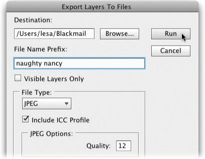 The Export Layers To Files dialog box lets you choose where to put the new files and what to name them. If you want to exclude any hidden layers (page 82), turn on the Visible Layers Only checkbox. In the File Type pop-up menu, you can choose any of the following file formats: BMP, JPEG, PDF, PSD, TARGA, TIFF, PNG-8, or PNG-24 (all of which are discussed on pages 50–52). Each format gives you different options; for example, JPEG lets you pick a quality setting. Photoshop includes your document's ICC profile (see the Note on page 682) in each file unless you turn off the lower checkbox shown here.