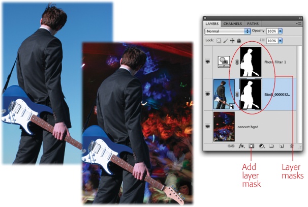 Left: Wanna be a rock star? No problem: A layer mask can make it happen. Here you can see the original, boring blue background, as well as the new, exciting, clamoring crowd.Right: If you peek at the Layers panel, you can see that the original background wasn't deleted—it was hidden with a mask instead. (To make the color of the guitarist and the crowd match a bit more, you can add an Adjustment layer—page 77—that uses the same mask.)