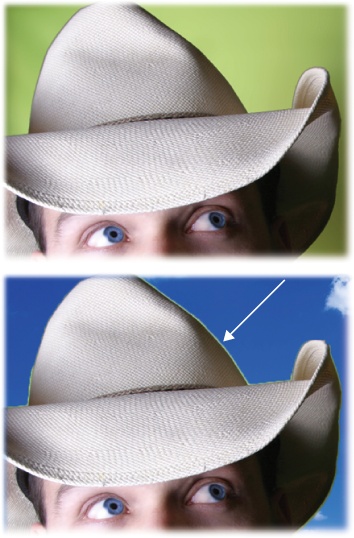 Here you can see the intrepid cowboy on his original green background (top) and on the new background (bottom). The green pixels stubbornly clinging to his hat are an edge halo.This aggravatingly tiny rim of color—a sure sign that an image has done time in Photoshop—can be your undoing when it comes to creating realistic images. Edge halos make a new sky look fake and don't help convince anyone that Elvis actually came to your cookout.