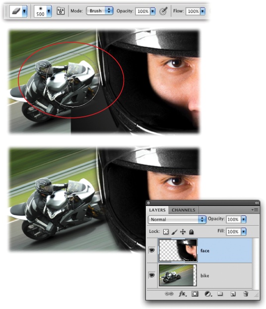 Top: Use the Options bar's Mode pop-up menu to morph the Eraser into a brush. From the Brush Preset picker, choose a big, soft brush (a 500-pixel brush was used here).Middle: Using a big, soft-edged brush (circled) you can erase the left side of the helmet image (which is just a dark gray background), letting you see through to the bike image on the layer below. The soft brush gives you a nice transition from one image to another.Bottom: A quick peek at the Layers panel reveals that half your original image is gone. Now you know why it makes sense to copy your original image or better yet, use a layer mask as described in the next section.