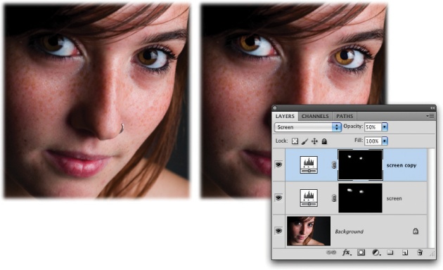 If you use an empty Adjustment layer set to Screen mode, you can add a whole new dimension to your subject's eyes. (The original image is at left and the adjusted image is on the right.) The cool thing about this technique is that it enhances the iris and the white part simultaneously.