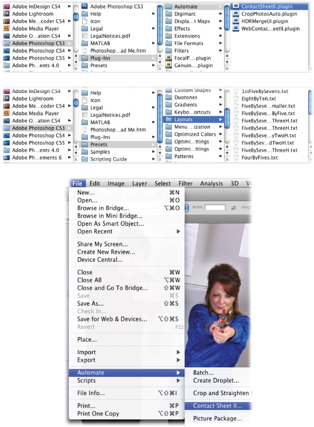 Top: Because neither Picture Package nor Contact Sheet was updated and included in CS4 or CS5, you may encounter unexpected weirdness if you use them. Try downloading new versions from Adobe's website if your CS3 versions of the Contact Sheet plug-in and Layout folder cause problems.Bottom: Once you've copied the files and restarted Photoshop, both plug-ins should appear in the File→Automate menu as shown here.If the plug-ins don't reappear, try quitting Photoshop and relaunching it in 32-bit mode; the box on page 6 tells you how.