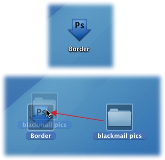 Top: Your droplet looks like a big, fat blue arrow.Bottom: To use a droplet, drag and drop a file or folder on top of its icon. If Photoshop isn't currently running, it launches automatically.If you're using a Mac, you need Snow Leopard (OS X 10.6) or higher to use Droplets in 64-bit mode. If you're using an earlier version of OS X, you can always launch Photoshop in 32-bit mode instead (the box on page 6 tells you how).