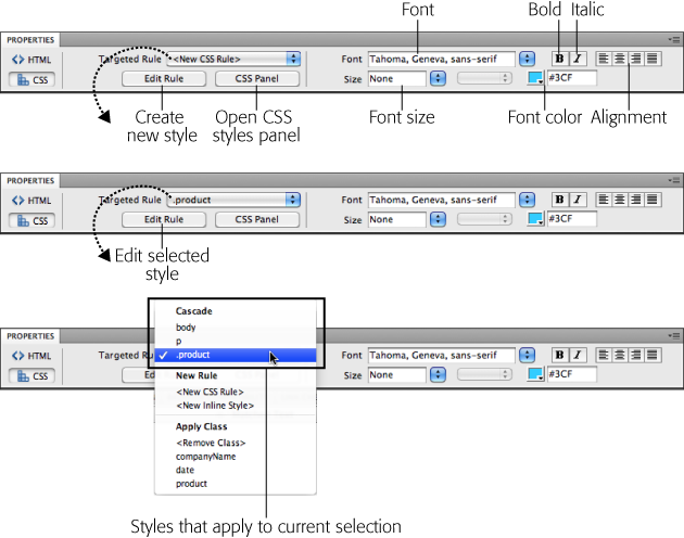 The Property inspector’s CSS mode either creates a new style when you select a formatting option like font size (top) or it adds the formatting property to an already existing style (middle). You can tell which action Dreamweaver will take by looking at the Targeted Rule menu—if it says <New CSS Rule>, Dreamweaver lets you create a brand new class, tag, ID, or other style. However, if a style name (like p or .copyright in the middle image) appears in that menu, you’re editing an already existing style. If you want to create a new style, select <New CSS Rule> from the menu before you select a formatting option. Normally you want to avoid the <New Inline Style>, since this adds CSS directly to an HTML tag, making the web page’s file size larger and the file slower to load and harder to update. However, inline styles come in handy when you need to create HTML emails, since that’s the most reliable way to add CSS to an email message.