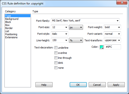 While you can set some text formatting using the Property inspector, the CSS Rule Definition window’s Type category offers additional formatting options. For example, you get the ability to control the space between lines of text, and an option to change the case of text—to make text upper- or lowercase.