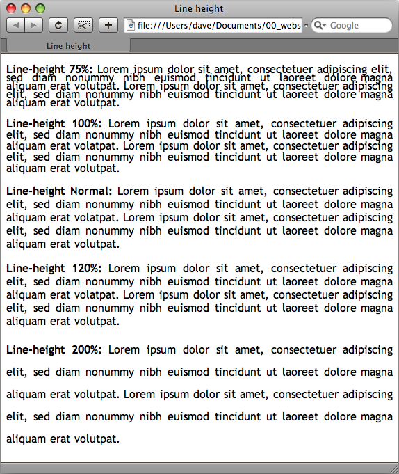 Control the space between lines with the Line Height property in the CSS Rule Definition dialog box. In this example, each paragraph’s text is set in 16-pixel Trebuchet MS. With CSS, you can make lines bump into each other by setting a low line-height value (top paragraph), or spread them far apart by using a larger value (bottom paragraph).