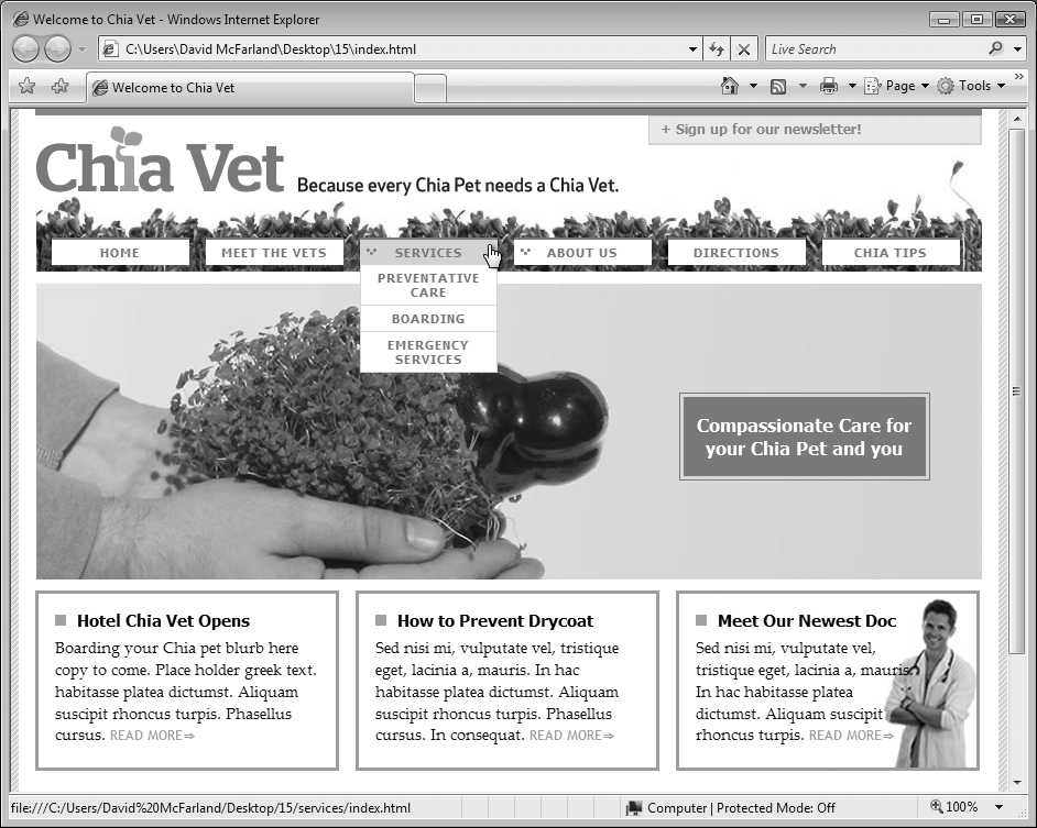 A good site has an easy-to-understand structure. It divides content into logical sections, and includes a prominent navigation bar—the row of buttons below the Chia-Vet logo in this image—to give visitors quick access to that content. When you building a site, the site’s “architecture” provides a useful model for naming and creating the behind-the-scenes folders that hold the site’s files.