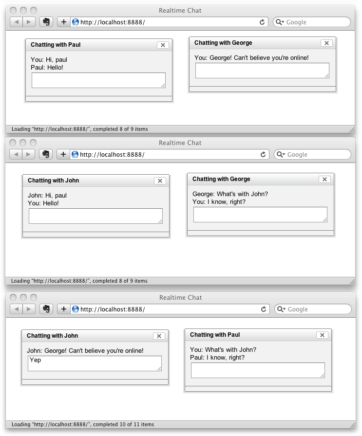 A sample chat session in multiple browser windows