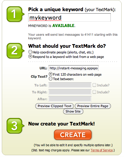 Reserving a keyword with the TextMarks service