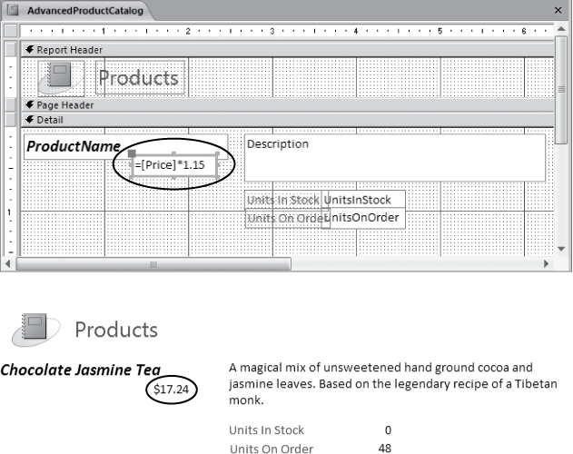 Top: The expression looks like an ordinary text value in Design view.Bottom: When you preview the report, Access performs the calculation and then shows the result.