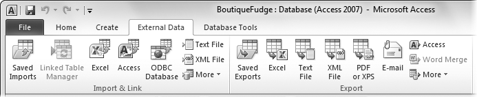 The External Data tabâs Import & Link section lets you pipe data into Access using a variety of formats. The Export section does the reverseâit takes your table and exports it in a bunch of different flavors.