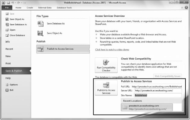 In the Save & Publish section, you can do two things: check the web compatibility of your database, or publish it to a SharePoint server (circled). Thereâs no reason to run the Compatibility Checker unless youâre working with an ordinary database. If you created a web database, you already know that itâs free from compatibility problems.