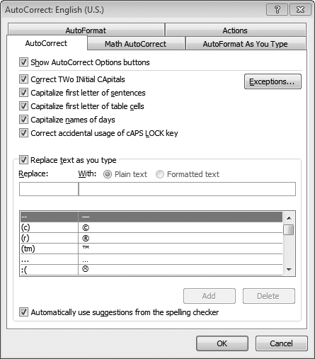 Word comes with all these AutoCorrect options turned on, but you can pick and choose the ones you want. For any of these options you don’t want Word to correct automatically, turn off the checkbox. Add custom corrections in the “Replace text as you type” section—put the typo you want corrected in the Replace text box and its correction in the With text box.