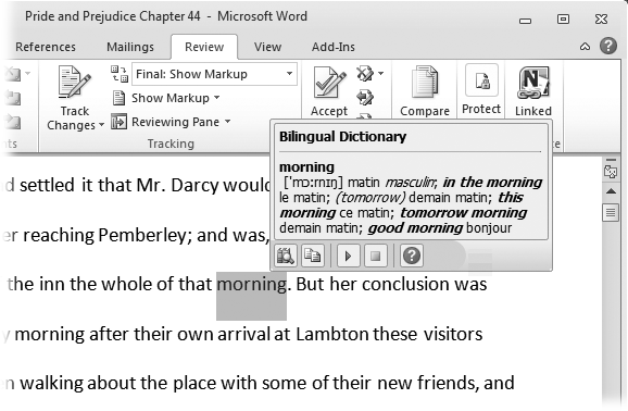 The Mini Translator gives you an on-the-spot translation of a word or selected phrase. The buttons at the bottom are, from left to right, Expand, Copy, Play (to hear a recording of someone pronouncing the word or phrase), Stop (to stop the recording), and Help.