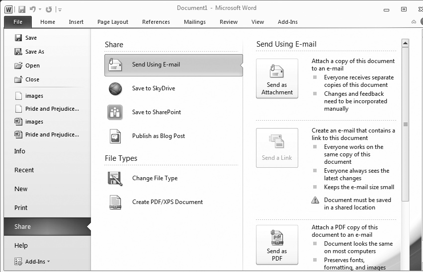 Select File→Share (Alt, F, H) to see your options for sharing a document. Select an item in the middle of the screen (such as Send Using E-mail in this figure) to get more information about sharing your document that way. You can attach the document to an email or, if you’ve stored it online, send a link.