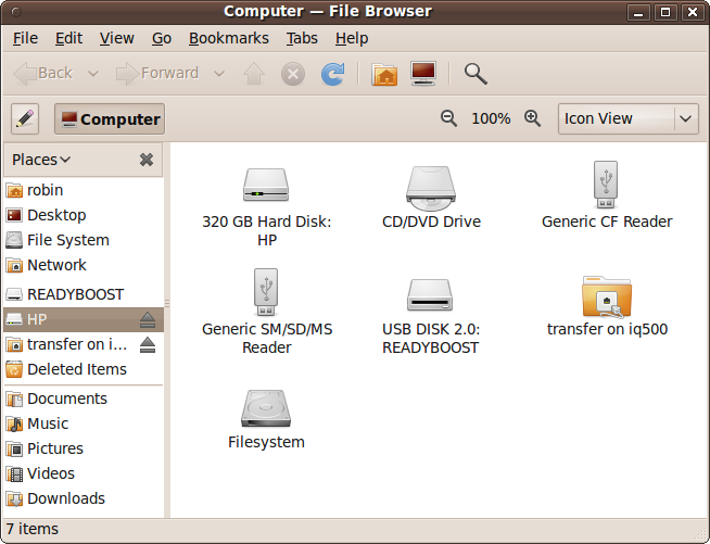 The File Browser open at the top level, showing attached storage devices