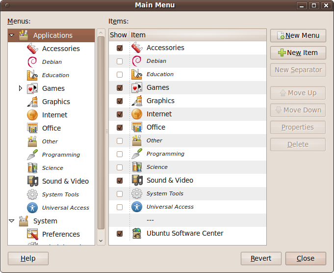 The Main Menu editor window